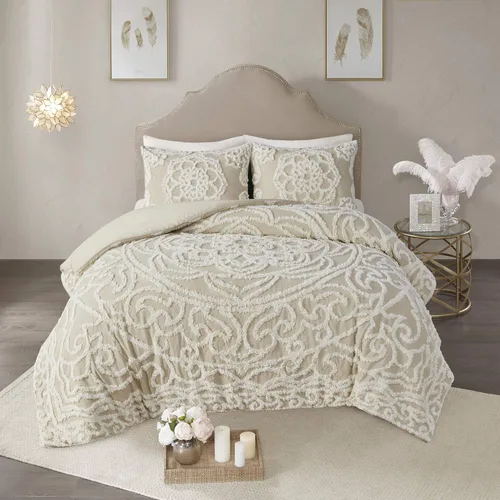 Vista 12 de Madison Park Laetitia - Juego de edredón 100 % algodón, diseño de medallón copetudo de felpilla para todas las estaciones, ropa de cama acogedora