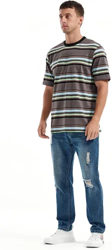 Vista 6 de KLIEGOU Camiseta a rayas con cuello redondo y ajuste holgado para hombre