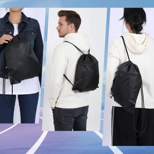 Vista 6 de Black Drawstring Backpack Bag Draw String Back Bag for Men Women, Lightweight Cinch Sack Sport Gym Backpack Bags for Beach Travel Yoga Swimming