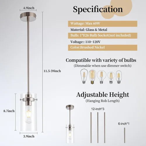 Vista 3 de Lámpara colgante, luces de cocina colgantes de techo, accesorios de iluminación de cocina con acabado de níquel cepillado, iluminación colgante