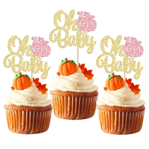 Vista 23 de Gyufise 24 piezas de decoración de cupcakes de calabaza con purpurina para temática de otoño, Acción de Gracias, Halloween, baby shower, niños