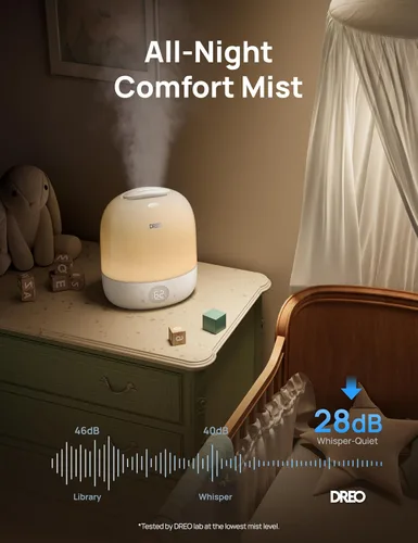 Vista 5 de DREO Humidificadores para dormitorio, tiempo de funcionamiento máximo de 30 horas, luz nocturna RGB y entrenador de sueño, humidificador de niebla