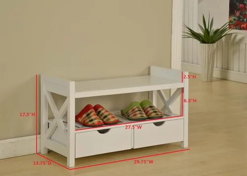 Vista 2 de King's Brand - Banco de almacenamiento de zapatos de madera con acabado blanco con cajones
