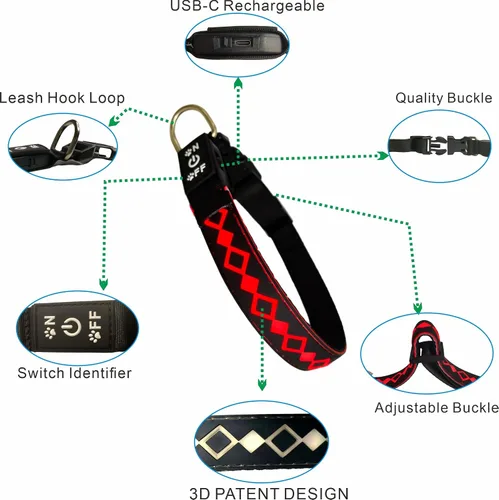 Vista 3 de Collar LED para perro, 15 modos de luz, USB-C recargable, silicona ajustable, varios colores (negro, S (7.87-11.8 pulgadas)