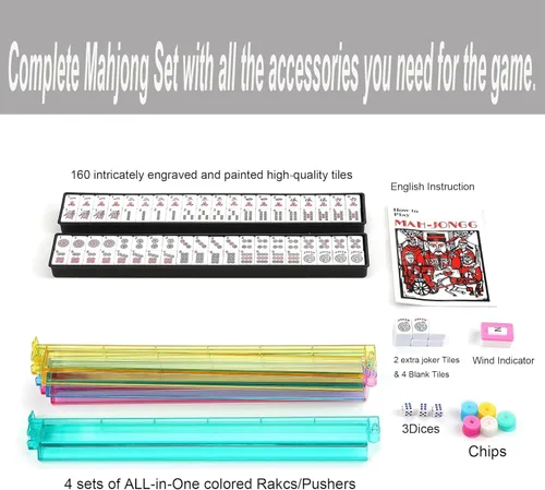 Vista 5 de American Mahjong Juego Set 166 Azulejos Blancos Rojo Acolchado Viajero Rojo meñique