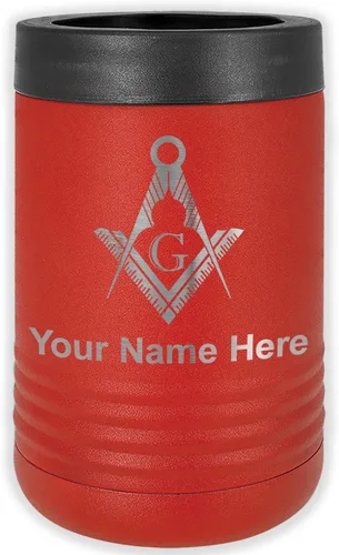 Vista 12 de LaserGram Aislador personalizado de latas y botellas de acero inoxidable, símbolo masón, mantiene las bebidas frías durante más tiempo (negro)