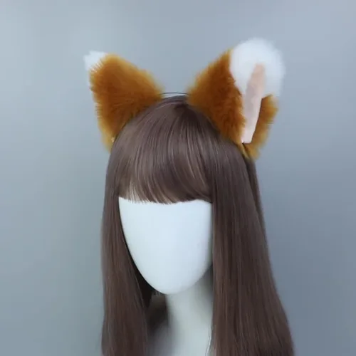 Vista 8 de Diadema de piel sintética, gato, zorro, lobo, cola de gato, orejas de zorro y diadema para cosplay, pelo de animal, juego de disfraz