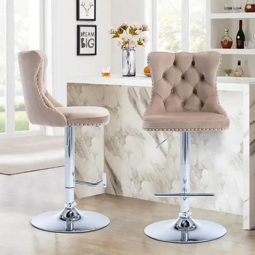 Vista 58 de SoarFlash Juego de 2 taburetes de bar tapizados de terciopelo moderno con patas de madera, botones acolchados, cabeza de clavo cromada, asiento