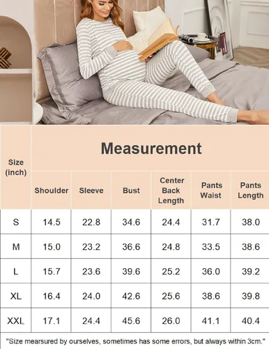 Vista 6 de Ekouaer Conjunto de ropa interior térmica de maternidad y lactancia, conjunto de pantalones largos de punto a rayas, capa base superior e inferior
