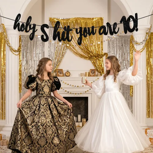 Vista 7 de Holy S*ht You are 10! Banner Backdrop Glitter Black Hello 10 Cheers to 10 Years Old Theme Decor Decorations for Boy Girl Happy 10th Birthday Party