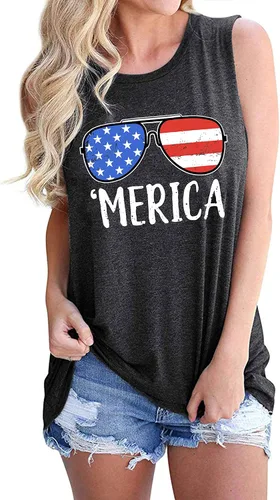 Vista 2 de Camisetas sin mangas con diseño de bandera estadounidense para mujer, camisetas casuales sin mangas para el 4 de julio