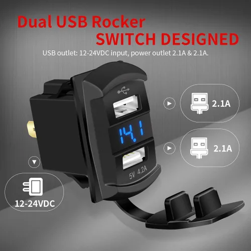 Vista 2 de DaierTek Interruptor de palanca USB marino 12V con 2 puertos de carga 4.2A, impermeable, con salida de enchufe y voltímetro digital LED azul