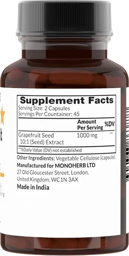Vista 2 de MONOHERB Extracto de semilla de pomelo 10:1 - 1000 mg por porción - Tamaño de la porción: 2 cápsulas - 45 porciones por botella