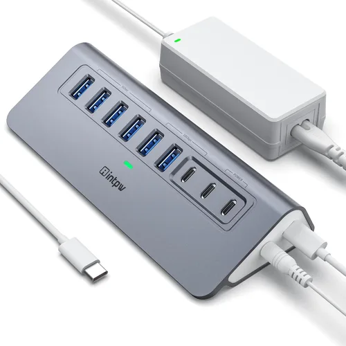 Vista 9 de Concentrador USB alimentado de 10 Gbps, intpw de 9 puertos USB 3.2, concentrador USB C con USB A/USB C 3.2, 4 USB 3.0, 2 puertos de carga PD de 45