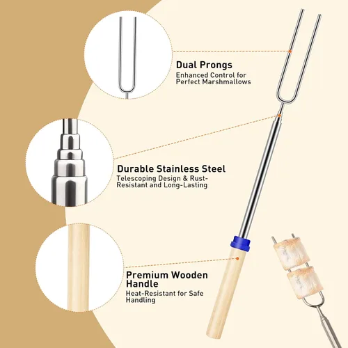 Vista 3 de Smores Sticks para hoguera, palos para asar malvaviscos de 32 pulgadas, tenedores extensibles de acero inoxidable con asas de madera, kit de 8