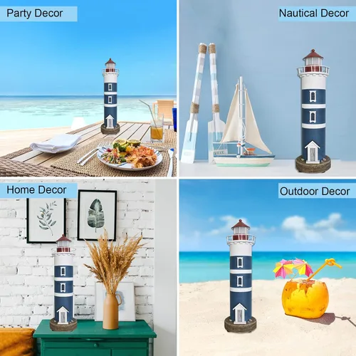 Vista 4 de Decoración de faro de madera con luces, decoración náutica de mesa, torre decorativa, luz de torre para centros de mesa con temática de playa
