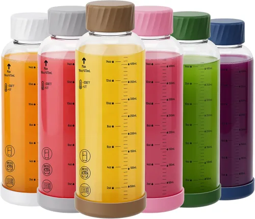 Vista 10 de Botellas de jugo de vidrio de 12 onzas – Pack de 4 botellas de agua de vidrio con tapas de acero inoxidable – A prueba de fugas, sin BPA, vidrio