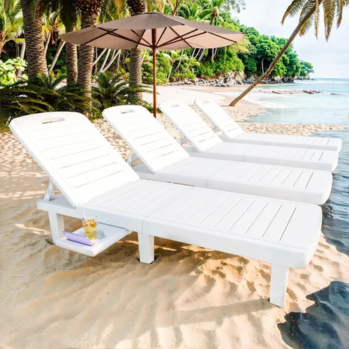 Vista 14 de CDCASA Chaise Lounge al aire libre, sillas de piscina multifuncionales con 5 posiciones ajustables y bandeja lateral, salas de resina impermeables
