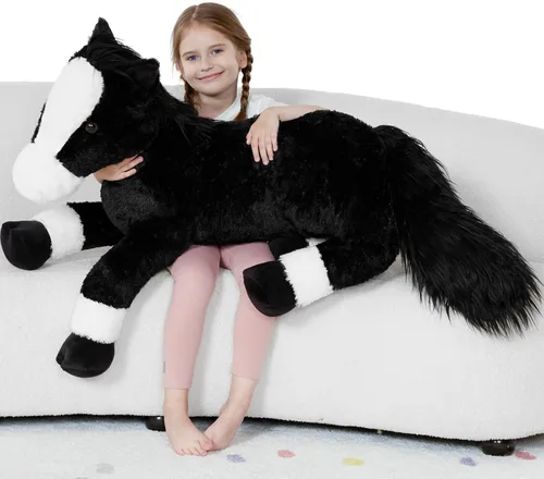 Vista 10 de Tezituor Animales de peluche gigantes de caballo negro de 47 pulgadas, poni de peluche grande realista de 4 pies para niños y niñas, almohada