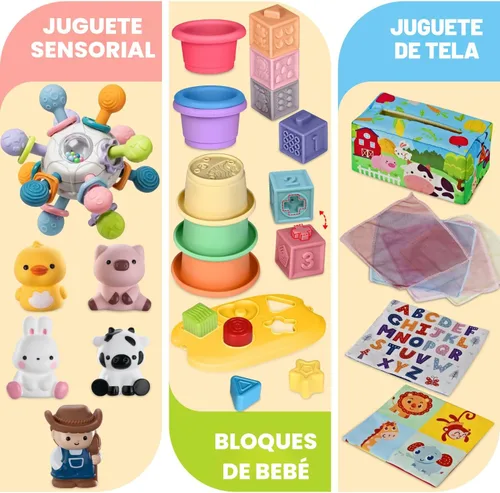Vista 7 de Juguetes para bebés de 6 a 12 meses, juguetes Montessori 6 en 1 para niños de 1 año, juguete sensorial suave para dentición, tazas y bloques