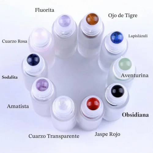 Vista 5 de Botellas enrollables de vidrio transparente, paquete de 10 bolas enrollables de 0.33 onzas líquidas de piedras preciosas para aceites esenciales
