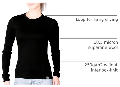 Vista 4 de MERIWOOL Camiseta térmica de capa base de manga larga para mujer, 100% lana merina, peso medio Negro