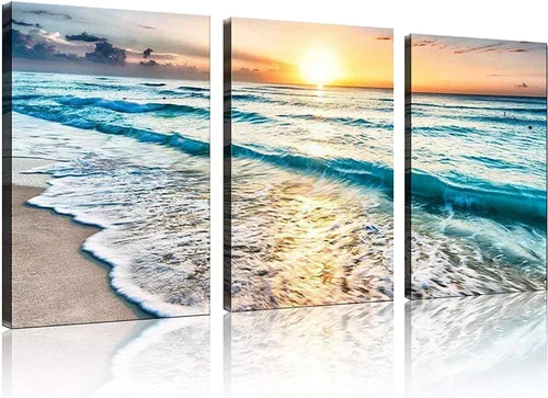 Vista 67 de TutuBeer 3 paneles de fotos de playa, arte de pared, diseño de mar azul, playa blanca al amanecer, imágenes impresas en lienzo, imágenes del océano