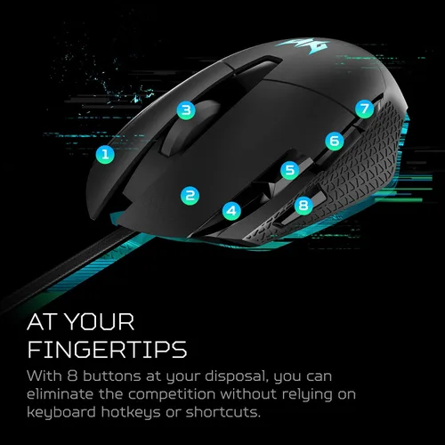 Vista 5 de Acer Predator Cestus 315 - Mouse para juegos con sensor PixArt DPI ajustable y 8 botones incluyendo Burst Fire