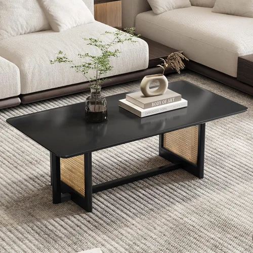 Vista 15 de Mesa de centro de madera de mediados de siglo con soporte de ratán de polietileno, mesa de café redonda de madera maciza de 33.45 pulgadas, mesa