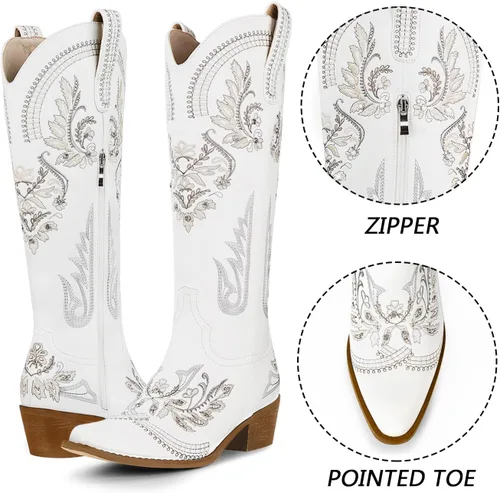 Vista 4 de CORNMOOD Botas vaqueras bordadas para mujer, botas vaqueras occidentales de moda con cremallera y tacón de madera Wodden