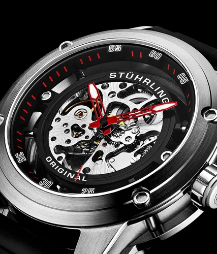 Vista 3 de Stuhrling Original Mens Automatic Watch Skeleton Stainless Steel Self Winding Dress Watch with Rubber Strap 50MM