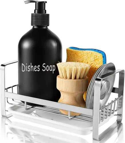 Vista 8 de TEZZ Soporte de esponja para fregadero de cocina, organizador de fregadero de cocina de acero inoxidable para organizar esponja, cepillo