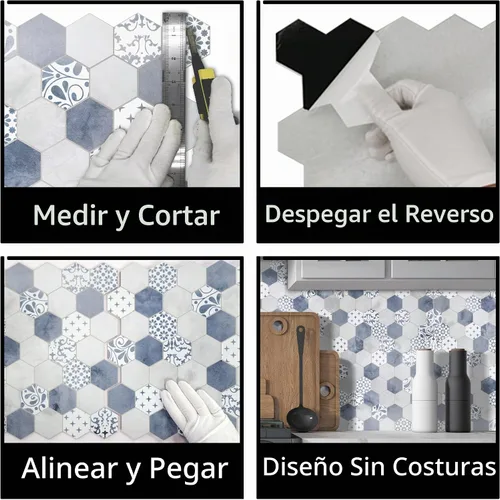 Vista 4 de The Tiles Plaza 10 Hojas de Azulejos Despegar y Pegar para Salpicadero, Aspecto de Mármol Compuesto de Piedra Hexagonal de Cemento Azul Autoadhesivo