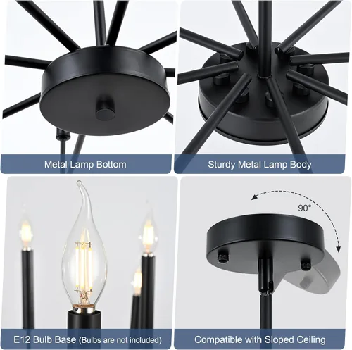 Vista 6 de WOKNOS Candelabros modernos negros de granja, 8 luces industriales de metal, lámparas colgantes clásicas para cocina, dormitorio, comedor, sala