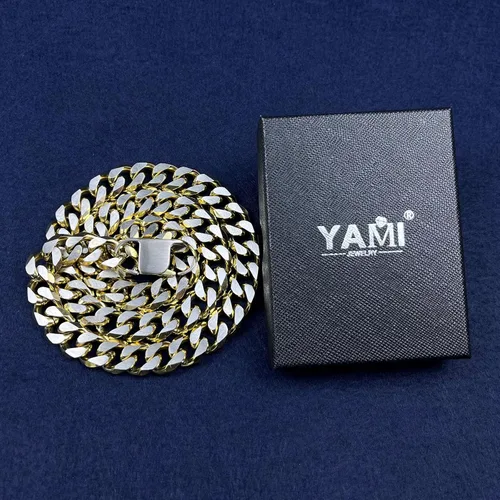 Vista 24 de YAMI Cadena de eslabones cubanos para hombre, azul/negro/oro de 14 quilates, acero inoxidable de 0.394-0.472 in de grosor, collar de cadena