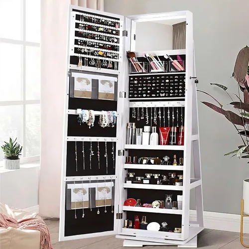 Vista 3 de sogesfurniture BHUS-QH-7021C - Armario de madera con cerradura y espejo de longitud completa, giratorio de 360, organizador de joyas con cerradura