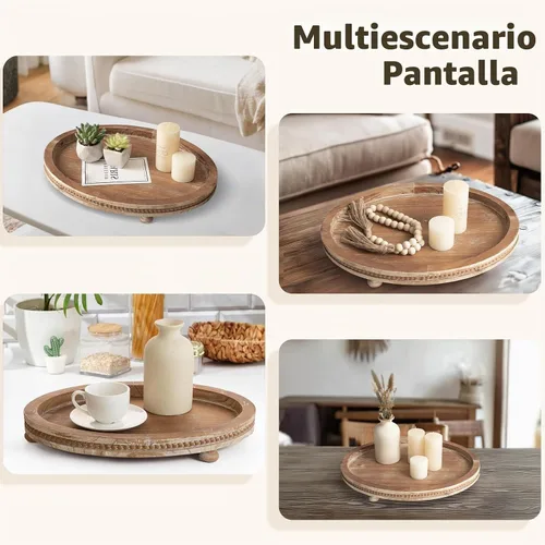 Vista 4 de Juego de 2 bandejas ovaladas de madera con diseño de cuentas, bandeja de decoración de mesa de centro de mesa para sala de estar, bandeja de mesa