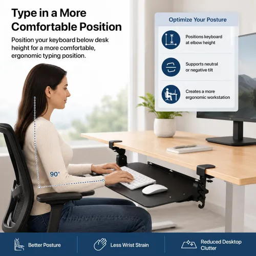 Vista 10 de Bandeja ergonómica para teclado debajo del escritorio con abrazadera deslizante (negro)