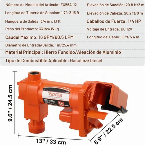 Vista 7 de VEVOR Bomba de Transferencia de Combustible, 12V DC 16 GPM 1/4 HP, Bomba Extractora de Gasolina con Boquilla Automática, Manguera de Descarga y Tubo