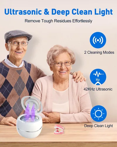 Vista 2 de Limpiador ultrasónico de dentadura, máquina limpiadora de retenedores ultrasónicos para dentaduras, protectores bucales, frenillos, cepillo