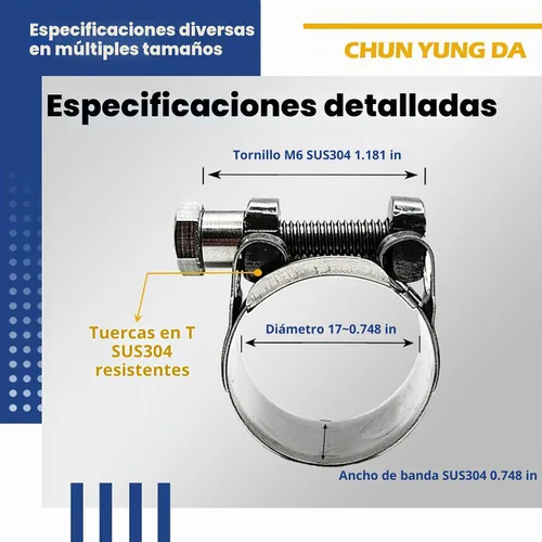 Vista 5 de TT Abrazaderas de manguera resistentes, abrazadera de acero inoxidable 304 con perno en T, rango ajustable de 0.67 a 0.748 in, tuercas en T sólidas