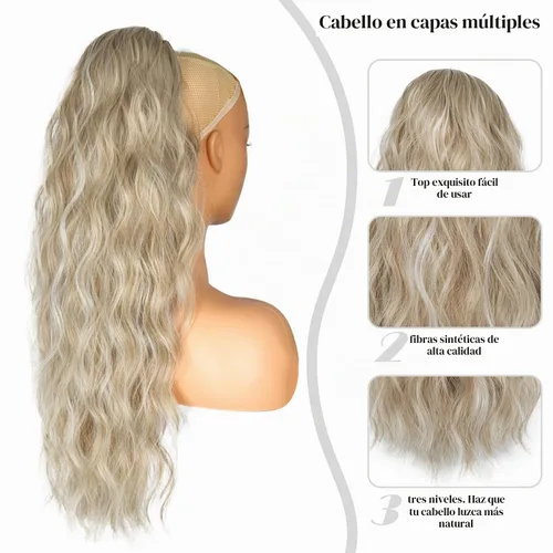 Vista 3 de Extension de cola de caballo con cordón de 26 pulgadas para mujer, extensiones de cola de caballo largas y onduladas, extensiones de cabello Rubio