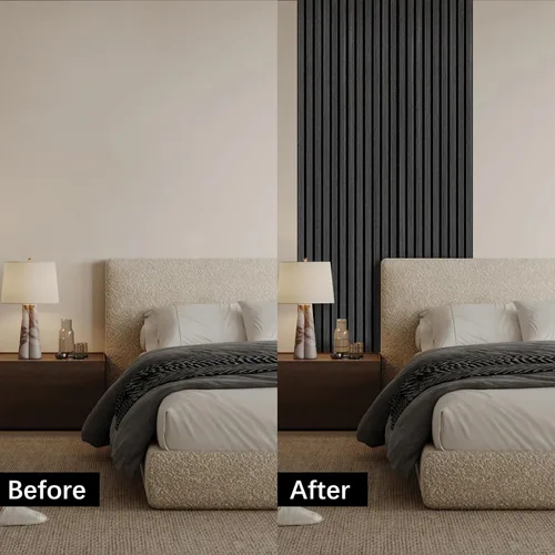 Vista 7 de Paneles de madera ARMURO para pared - Paquete de 2 paneles negros para decoración de pared - Panel de chapa de roble negro absorbente de sonido