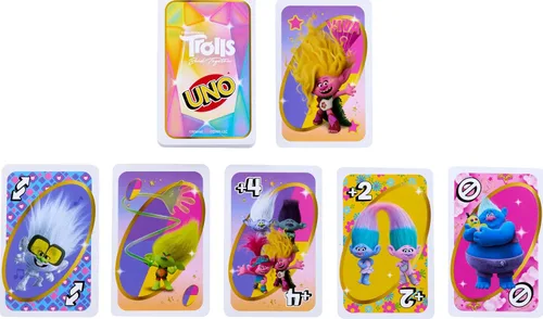 Vista 6 de Mattel Games UNO Trolls 3: Juego de cartas Band Together para niños, adultos y noche de juegos con personajes de Trolls y regla especial