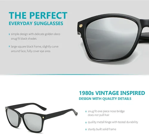 Vista 4 de Freckles Mark Gafas de sol cuadradas grandes vintage para mujer, marco de plástico negro, reflectante transparente