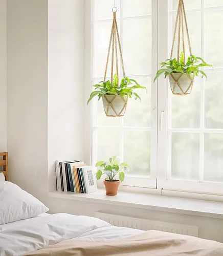 Vista 3 de Dahey Colgador de macramé para plantas, cesta colgante de interior hecha a mano, cuerda de algodón tejida a mano, soporte decorativo de ganchillo