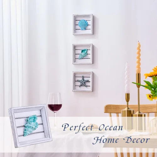 Vista 3 de LODOCAVE - Decoración 3D de pared de playa con diseño de conchas y estrellas de mar, 6.3 x 6.3 pulgadas Beach Theme Room & Beach House Decor