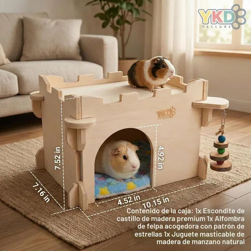 Vista 5 de Casa Castillo YKD para Chinchilla, Escondite de Animales Pequeños para Chinchilla, Conejo, Erizo o Ratón, Hábitat Ventilado de Madera para Conejo