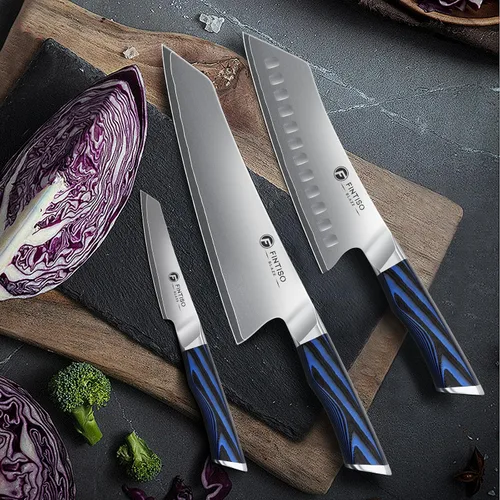 Vista 7 de FINTISO Juego de 3 piezas de cuchillos de cocina, juego de cuchillos de chef profesional con mango G10, juego de cuchillos japoneses de acero