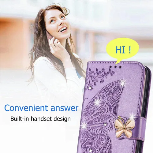 Vista 8 de HZD - Funda tipo cartera para iPhone 15, diseño de mariposa 3D, piel sintética, con función atril, cierre magnético y ranuras para tarjetas